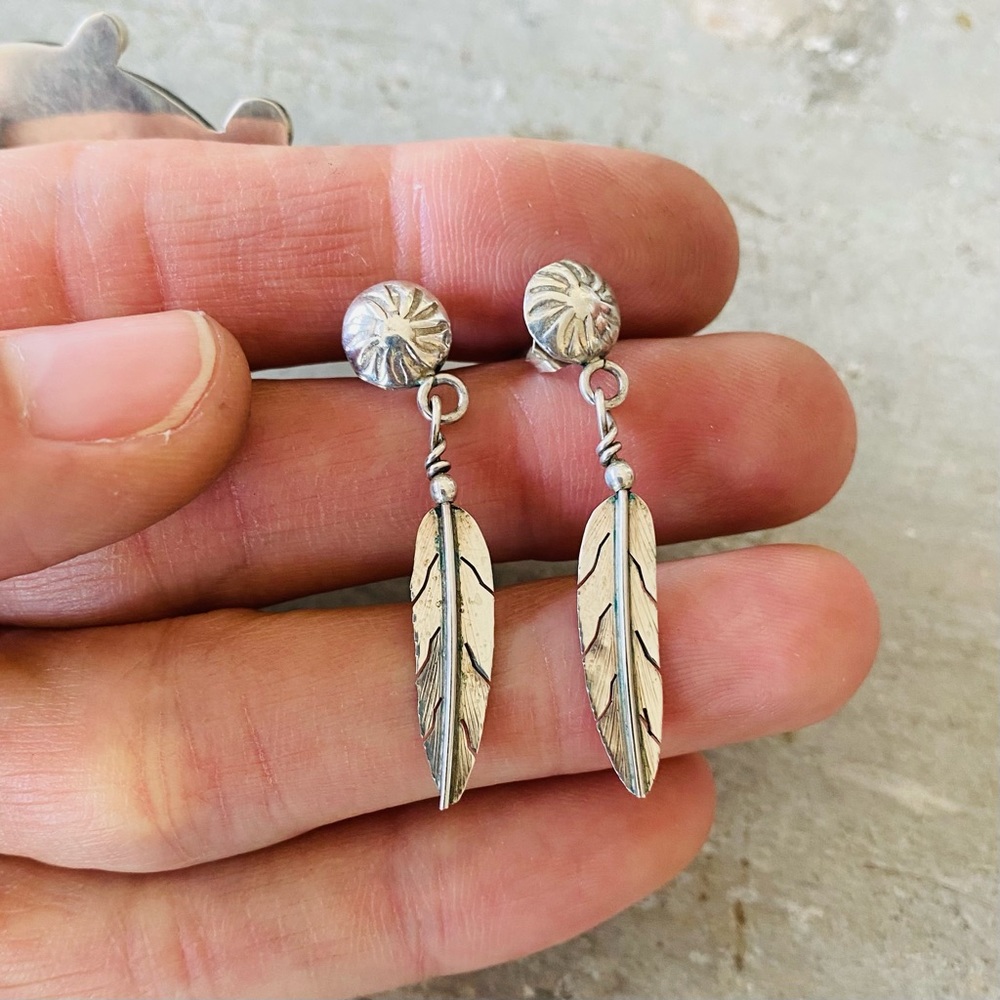 Sterling Silver Feather Drop Earrings - Silver